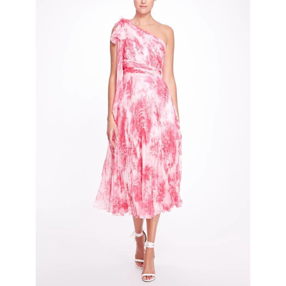 Gorgeous dress! Marchesa one shoulder printed chiffon pleated dress pink 🌸